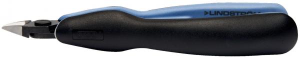 The image shows a small, ergonomically shaped cutter. The handle is black with blue accents, while the blade is narrow and pointed. The cutter is depicted from the side.