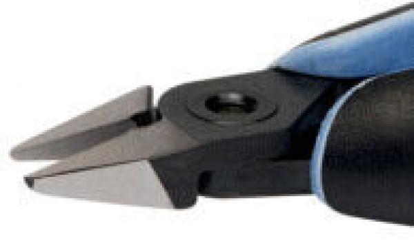 The image shows the blade of a pair of pliers. It has two pointed, sharp edges that converge towards the center. The handle is blue and black, ergonomically shaped for better grip.