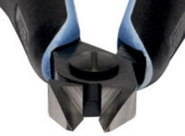 The image displays the cutting edge of the tool with two rubberized handles. The blade is sharp and features a V-shaped notch in the middle, ideal for cutting wire.