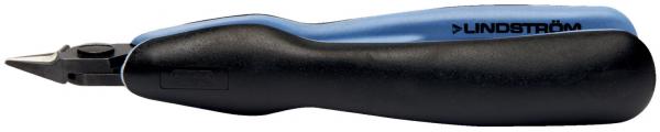 The image shows a pen with an ergonomic shape. The grip side is black and the upper side is blue. The tip is narrow and pointed, suitable for writing or drawing.