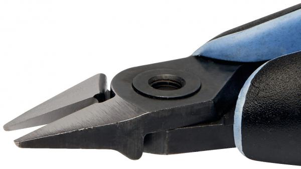 The image shows a diagonal cutting pliers. The blades are narrow and pointed, with a black rubber grip cover. The cutting surface is shiny and sharp.