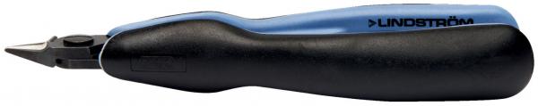The image shows a black pen with a blue grip. The tip is narrow and sharp, suitable for precise lines. The grip has ergonomic contours for better hold.