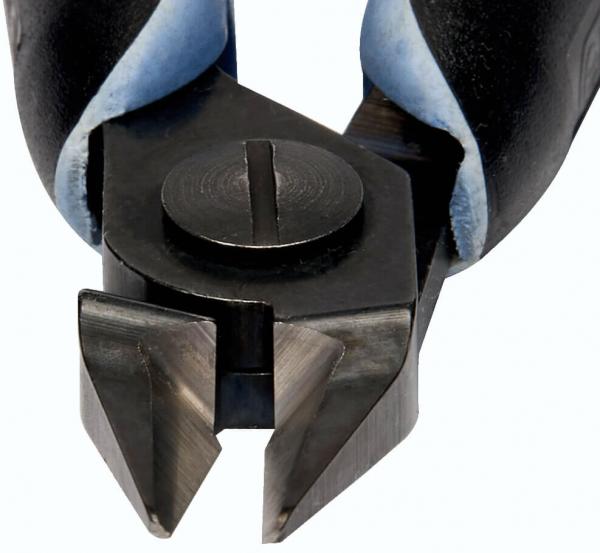 The image shows the cutting edge of a pair of pliers with two sharp blades that meet in the middle. The handles are ergonomically shaped and have a non-slip surface.