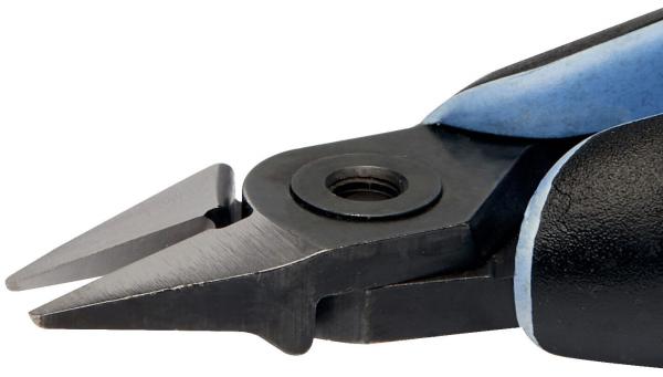 The image shows a side view of a pair of pliers with sharp, pointed blades. The handle is ergonomically designed and partially blue, while the rest is black.