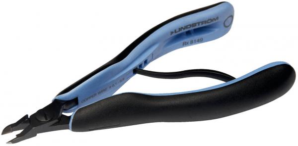 The image shows a pair of pliers with a blue and black handle. The pliers have a sharp, guillotine-like blade for cutting, which comes to a point at the tip.