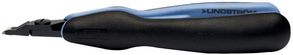 The image shows a handy tool with a black, ergonomic handle and a blue element. At one end, there is a sharp blade for precise cuts.