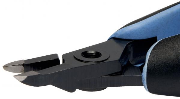 The image shows a pair of pliers with black cooling handles and a blue rubber coating. The cutting edges are sharp and taper to a point, ideal for cutting wires.