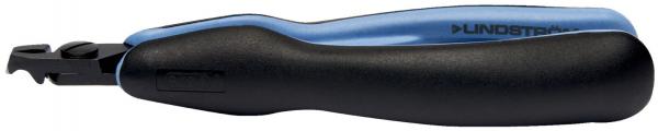 Das Bild zeigt ein Werkzeug mit einem ergonomischen Griff. Der Griff ist schwarz mit blauen Akzenten. An einem Ende befindet sich eine gezahnte Kante, die gut zum Schneiden geeignet ist.