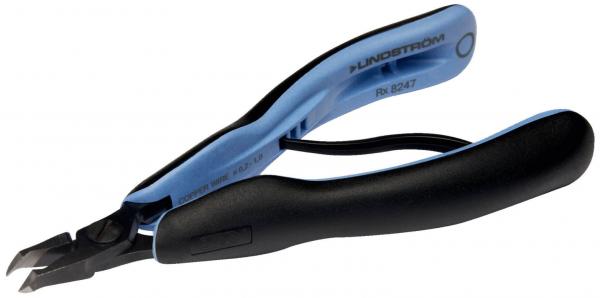 The image shows a round-nose pliers with blue and black handles. The cutting edge is pointed and offers precise cutting options, ideal for delicate work.