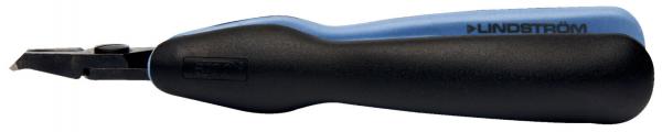 The image displays a tool with an ergonomic, black-blue handle and a sharp blade at the tip. It is designed for cutting or peeling.