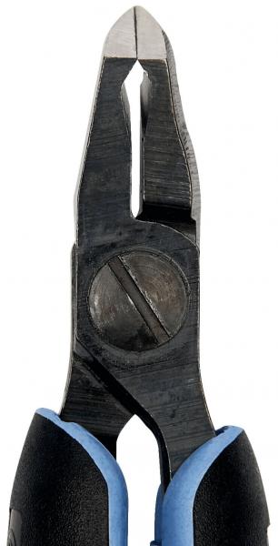 The image shows a pair of pliers with a pointed, narrow head and rubberized, blue handles. The blades are metallic, and the pliers have a central screw connecting the two parts.