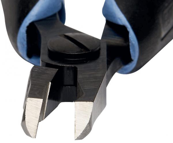 The image shows a pair of pliers with a black and blue handle coating. The working surface is sharp and precise, ideal for cutting wires or small objects.