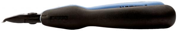 The image shows a black pen with an ergonomic, blue rubber grip. The tip of the pen is precise and slightly pointed, ideal for writing or drawing.