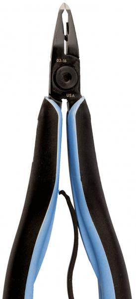The image shows a pair of pliers with pointed, narrow tips. The handle is ergonomically designed and made of a mix of black and blue plastic. It is well suited for precise work.