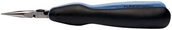 The image displays a pair of pliers with a pointed, narrow metal tip and an ergonomic handle. The handle is black with blue details, which ensures a good grip.