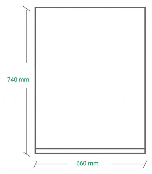 Das Bild zeigt ein rechteckiges Format mit den Maßen 740 mm in der Höhe und 660 mm in der Breite. Der rand ist durch eine graue Linie gekennzeichnet, der Hintergrund ist weiß.