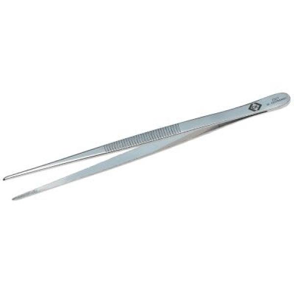 The image shows a long, narrow tweezer made of shiny metal. It has two pointed, flexible arms that meet at the top end. The surface is ridged for better grip.