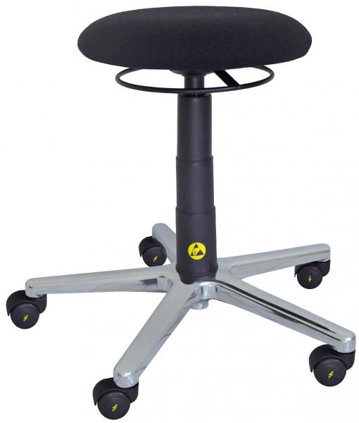 The image shows a black stool with a round, padded seat. It has an adjustable height and stands on a chrome-colored base with five wheels for mobility.