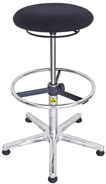The image shows an adjustable stool with round, black padding. It features a chrome metal frame and a stable, five-spoke base with casters.