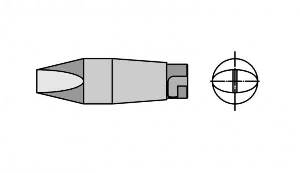 The image displays a technical drawing of an object with an elongated, pointed shape and a short, vertical edge on the side. Next to it is a schematic representation in the form of a circle.