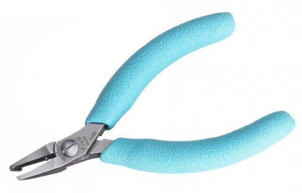 The image shows a pair of pliers with a narrow, pointed opening. The handles are in a striking light blue, non-slip and ergonomically shaped for a comfortable grip.