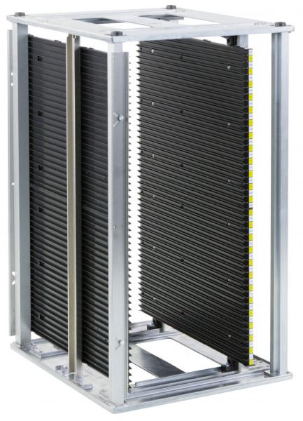 The image shows a rectangular structure made of metal with vertical, black slats. These are attached to a frame that is stable and straight-lined. The slats are partially movable.