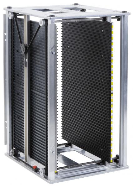 The image displays a square, framed device. It features black slats arranged vertically and is made of metal. It appears sturdy and industrial.