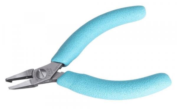 It is a pair of pliers with short, narrow blades and blue, grippy rubber handles. The blades are metallic and slightly open, suitable for fine work.