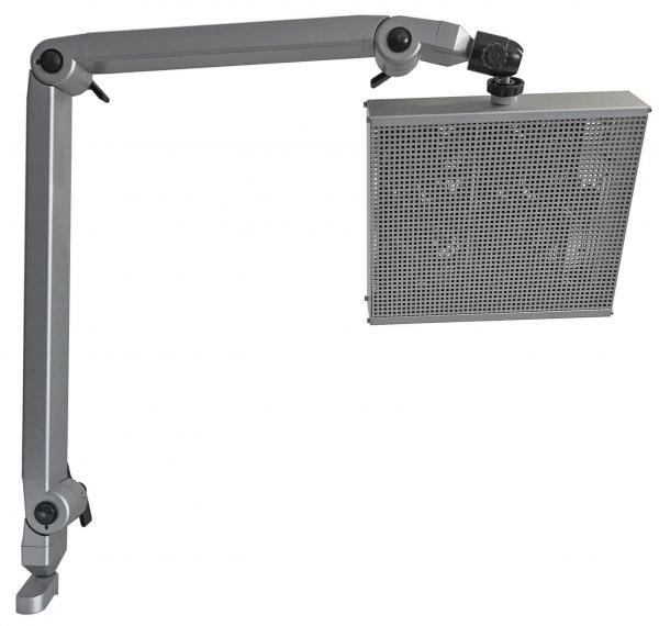 The image displays a flexible holder with a rectangular, perforated monitor. The holder features multiple joints and is made of gray metal. It allows for various positioning.