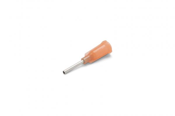 The image shows a small, orange plastic tool handle with a long, metallic, slender end. The handle is slightly curved and has a smooth surface.