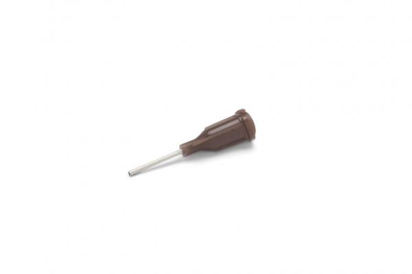 The image shows a small, brown flathead screwdriver with a long, thin metal blade. The handle is round and slightly curved, while the rest is narrow and straight.