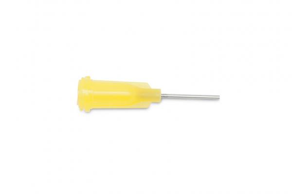 The image shows a long, narrow object with a yellow plastic handle and a metal pin. The handle has a slightly curved shape and is rounded at the end.