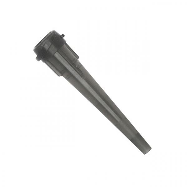 It is a lengthy, conical object made of plastic. It has a wider base and tapers sharply towards the front. The surface is smooth and in a dark shade.