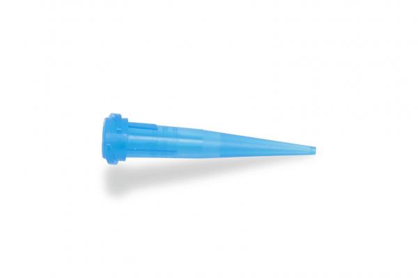 The image shows a blue pipette tip. It has a wide, slotted attachment that fits onto a pipette, and tapers to a pointed shape.