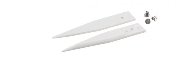 The image shows two white, pointed plastic parts shaped like wedges. Next to them are two small screws. The parts have holes for mounting.
