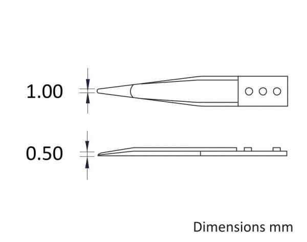 The image displays technical drawings of an object. The top view features a tip that is 1.00 mm thick. The bottom view shows a side view that is 0.50 mm thick.