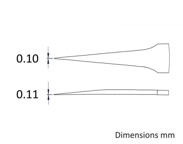 The image displays two narrow, conical shapes measuring 0.10 mm and 0.11 mm. The upper shape has a wide base, while the lower one is uniformly narrower.