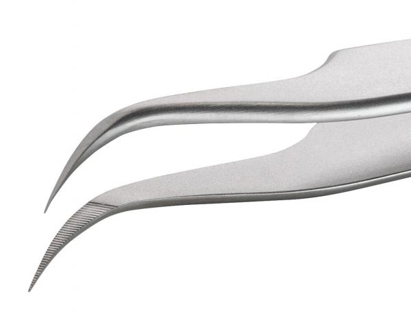 The image shows a high-quality, curved tip of tweezers made from stainless steel. The edges are sharp, the surface is shiny and smooth. They are used for precise handling.