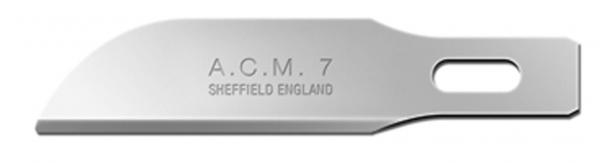 The image displays a sharp blade, slightly curved, made of shiny metal. Engraved on the blade are the inscriptions "A.C.M. 7" and "SHEFFIELD ENGLAND".