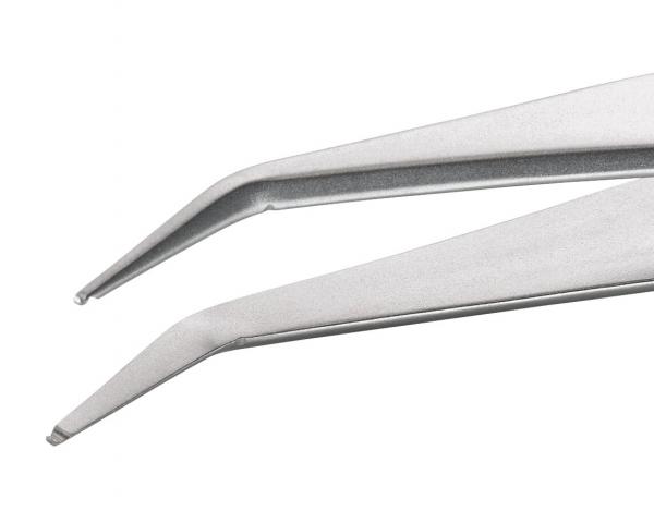 The picture shows a silver tweezer with two pointed ends. The surface is shiny, and the shape is narrow and long. It is often used for grasping small objects.