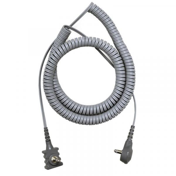 The image shows a gray spiral or coiled cable. It has a flat plug at one end and a right-angled plug at the other end. The cable is approximately one meter long.