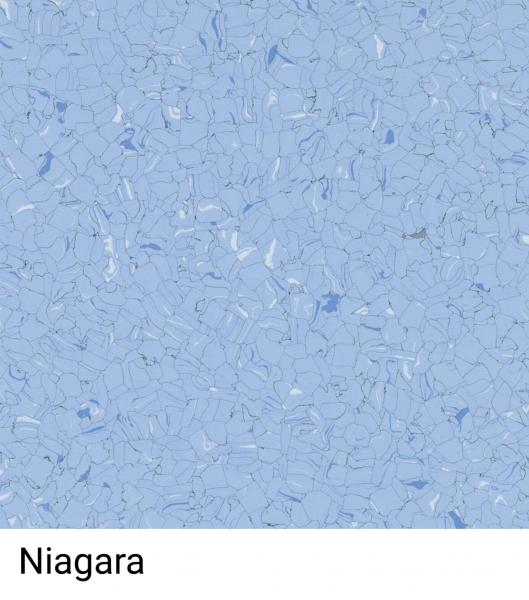 Das Bild zeigt eine homogene Fläche in verschiedenen Blautönen mit feinen, unregelmäßigen Mustern. Die Farben erinnern an Wasser oder den Himmel. Unten steht der Schriftzug ?Niagara?.