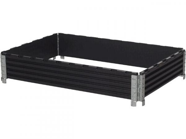 The image displays a rectangular, black planter box made from striped material. The corners are reinforced with silver metal connectors. It is open and has a flat, wide base.