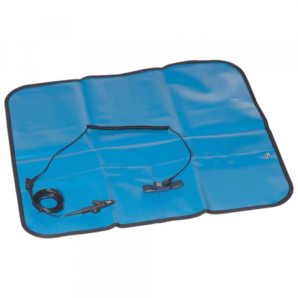 The image shows a blue, foldable mat. On the mat, there is a cable with a clip. The mat appears smooth and has a simple, practical look.