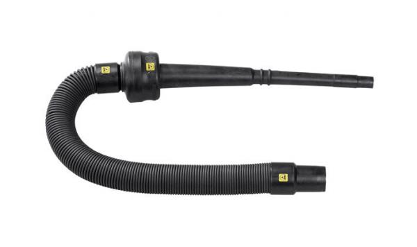 The image shows a long, flexible hose made of black material with a corrugated surface. Connection pieces are attached to both ends, one is narrow and the other is slightly wider.