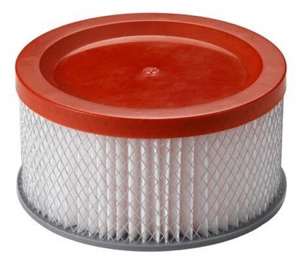 The image shows a round air filter. It has a red, smooth lid and a white, ribbed filter core. The edge is gray and the overall shape is flat with a raised top.