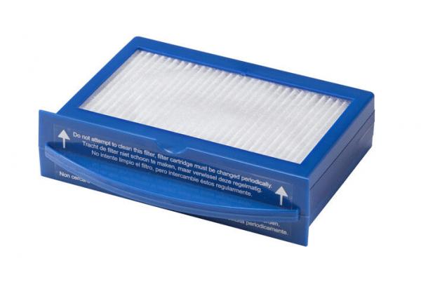 The image shows a rectangular air filter with a blue plastic frame. The filter media are white and pleated, with a note on proper handling.