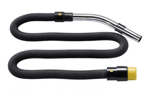 The image shows a flexible, black vacuum cleaner hose with a shiny metal tube at the end. The hose has a wavy structure and ends with a yellow connector.