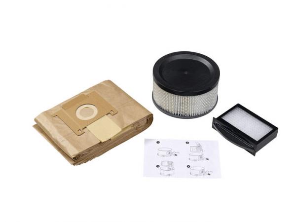 The image shows three items: A package of vacuum cleaner bags made from brown paper, a round filter with a mesh structure, and a rectangular black filter, next to a manual.
