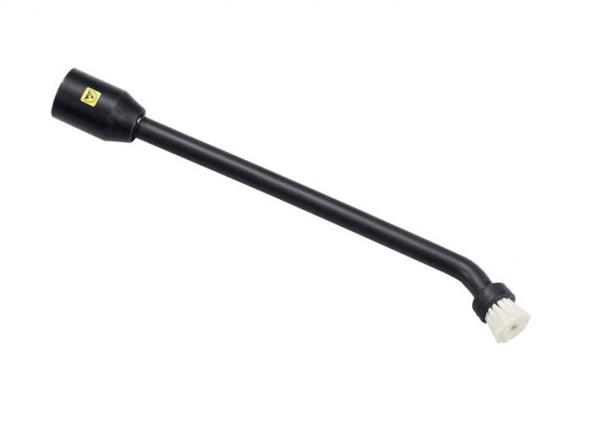 The image shows a long, slender black brush attachment with a curved end. The brush head is white and has fine bristles. At the top end, there is a yellow logo.